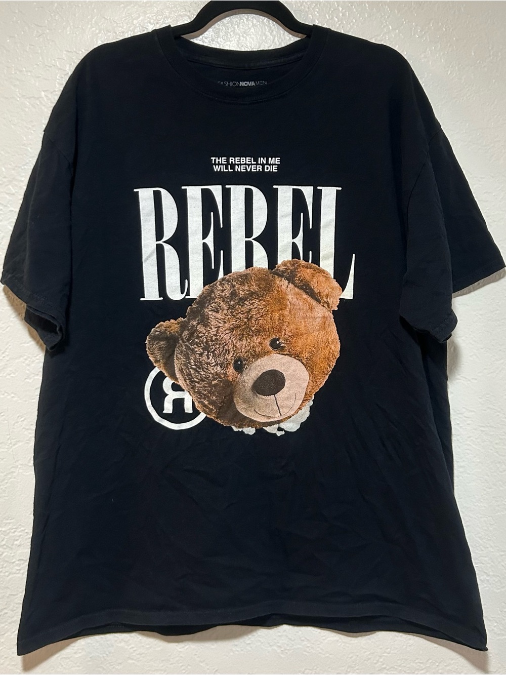 Fashion Nova Black 'REBEL' Teddy Bear Graphic Tee